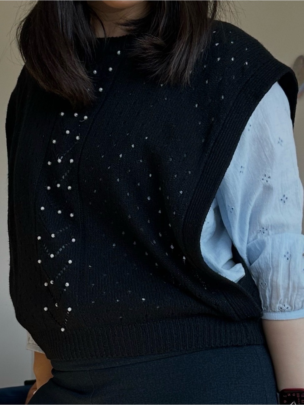 Vintage 1980s Black Pearl-Embellished Knit Sweater Vest